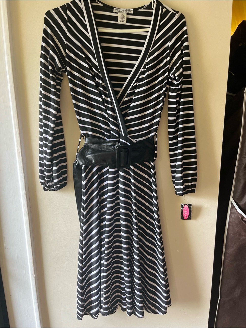 New Black & White Striped Long Sleeve Wrap Dress with Belt women’s